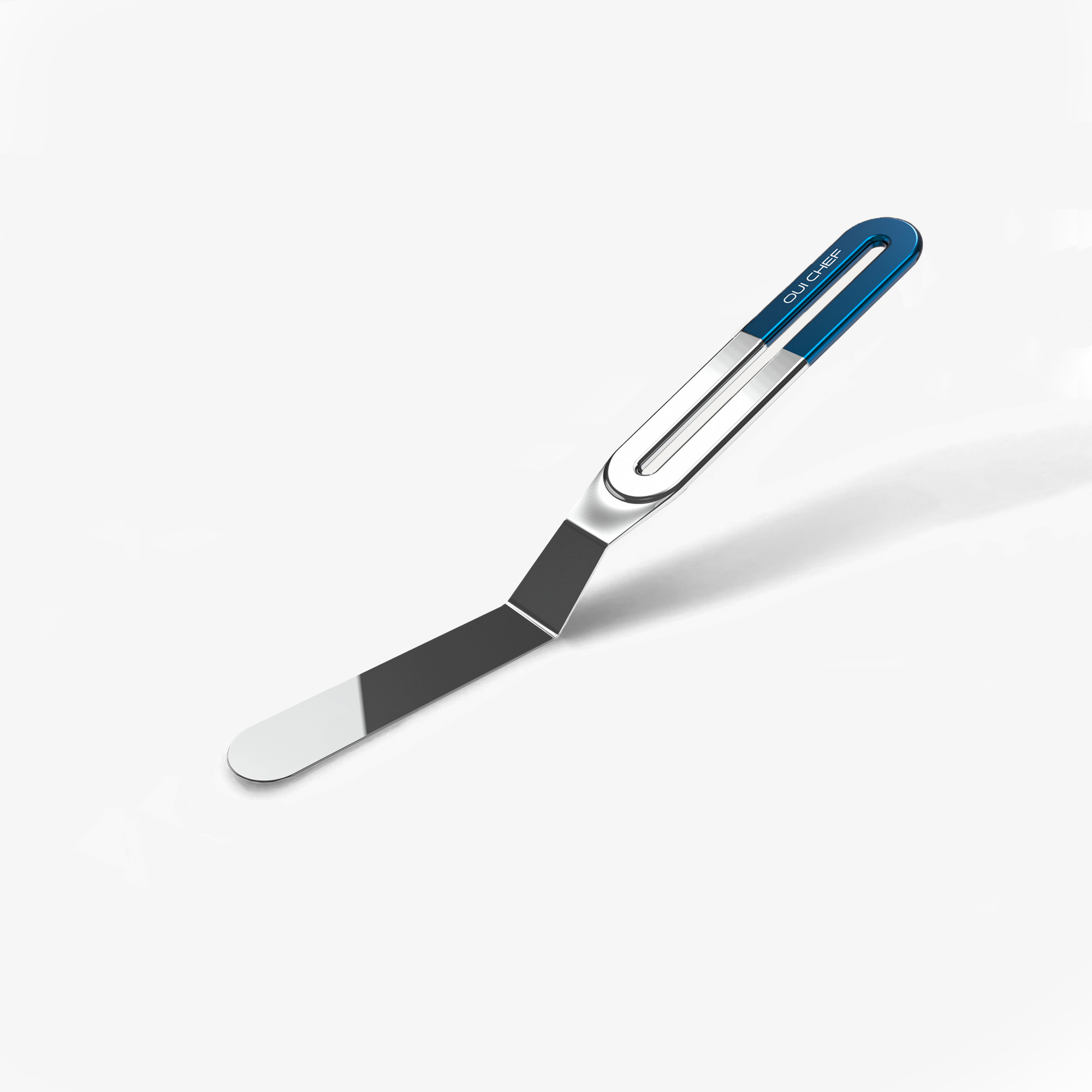 small chrome stainless steel palette knife with ergonomic blue top handle
