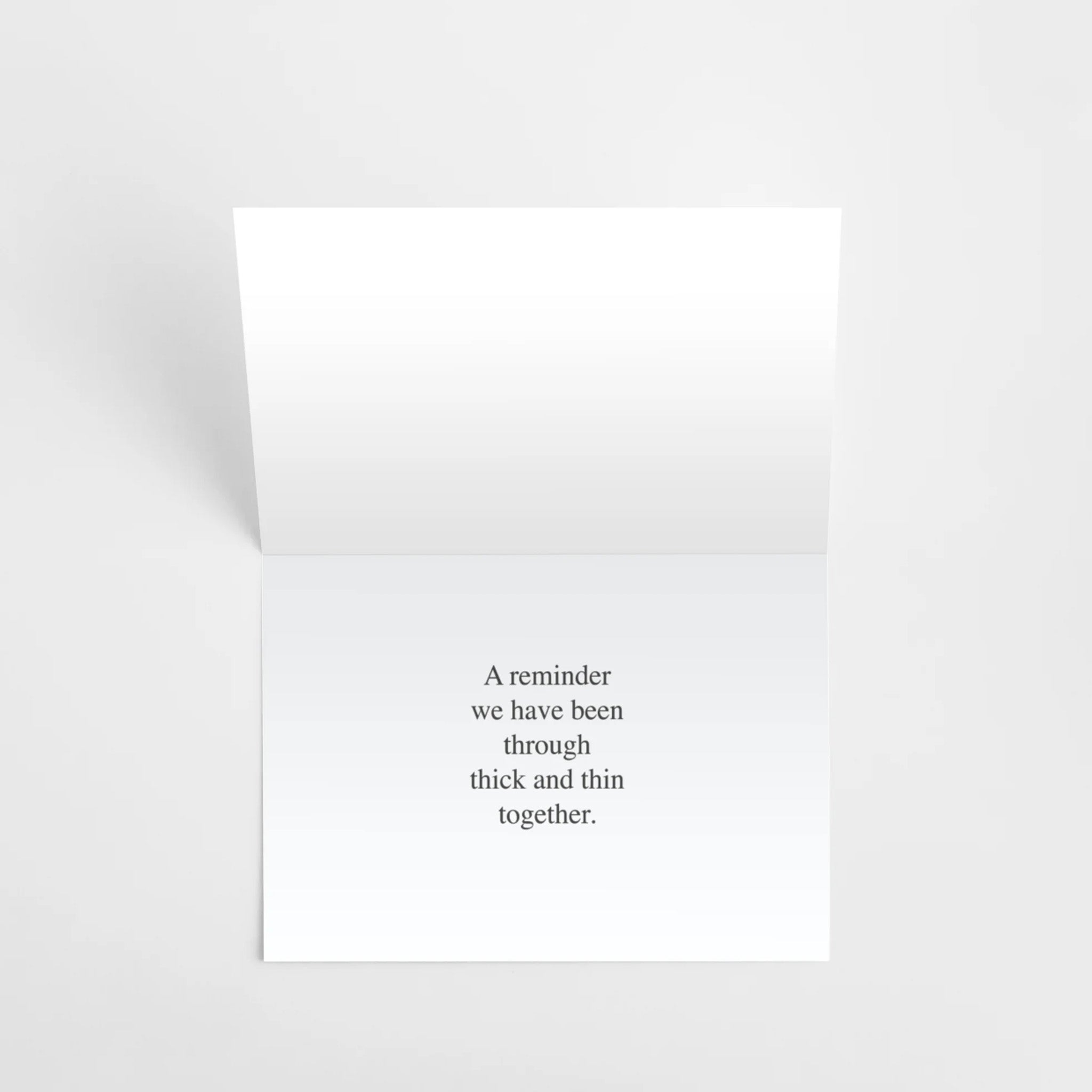 Oui Chef "Thick And Thin" Sharpie Greeting Card partially opened showing inside message.