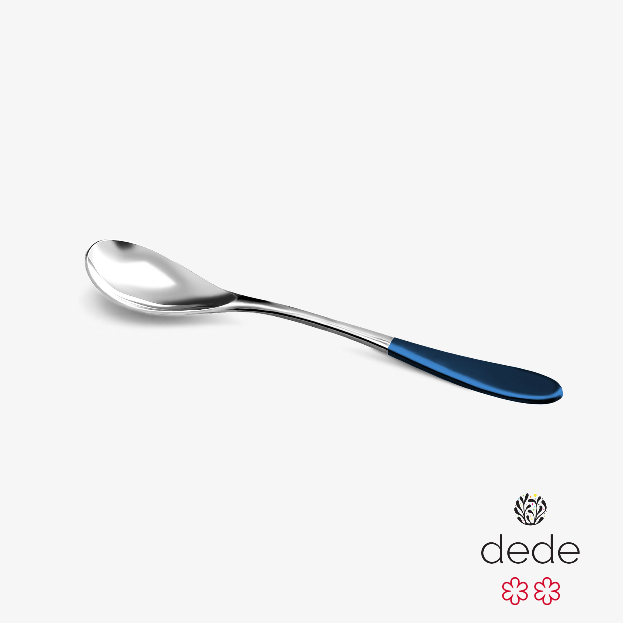 A stainless steel Rocksteady rocher spoon with a blue top handle against a white background.