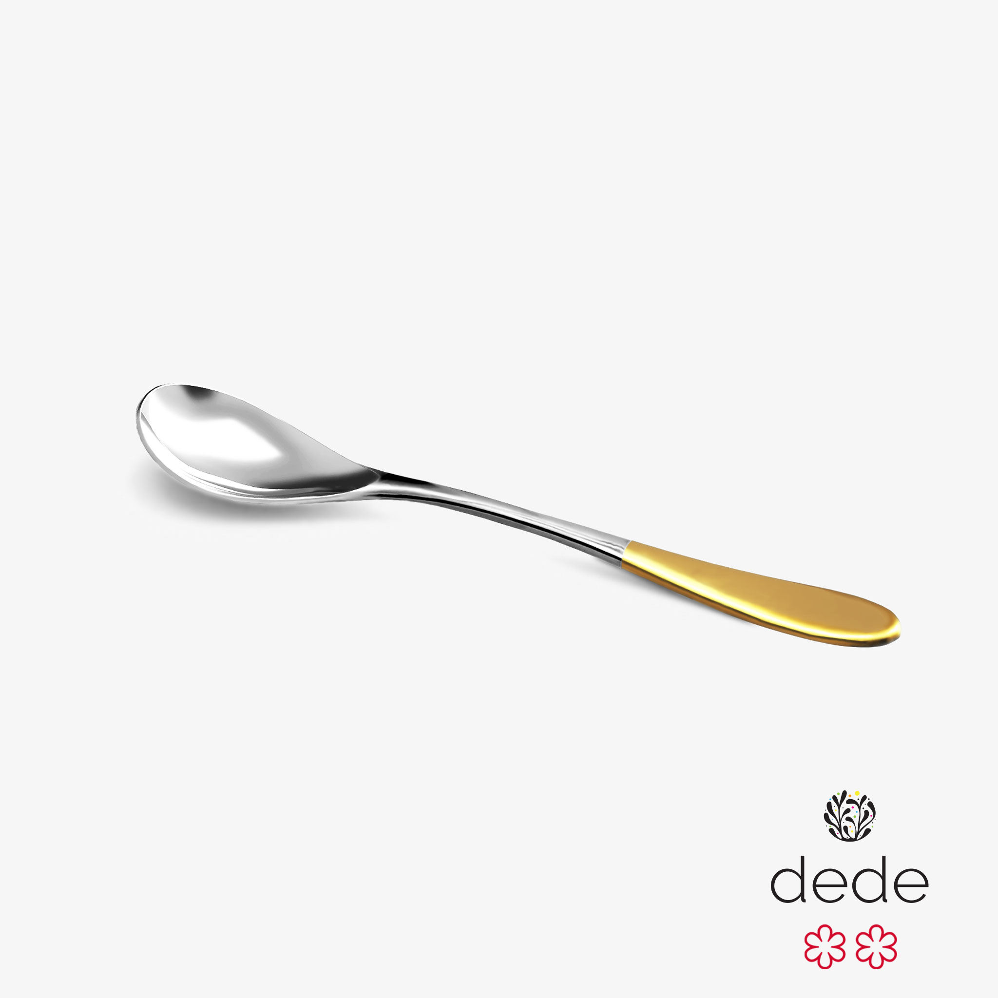 A stainless steel Rocksteady rocher spoon with a gold top handle against a white background.