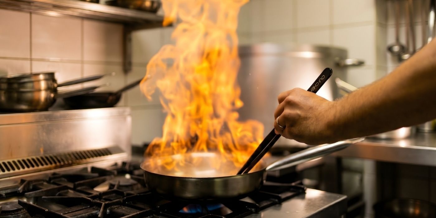 A chef using extra-long kitchen tweezers to maneuver food in a hot pan, with flames flaring up during the cooking process in a professional kitchen.