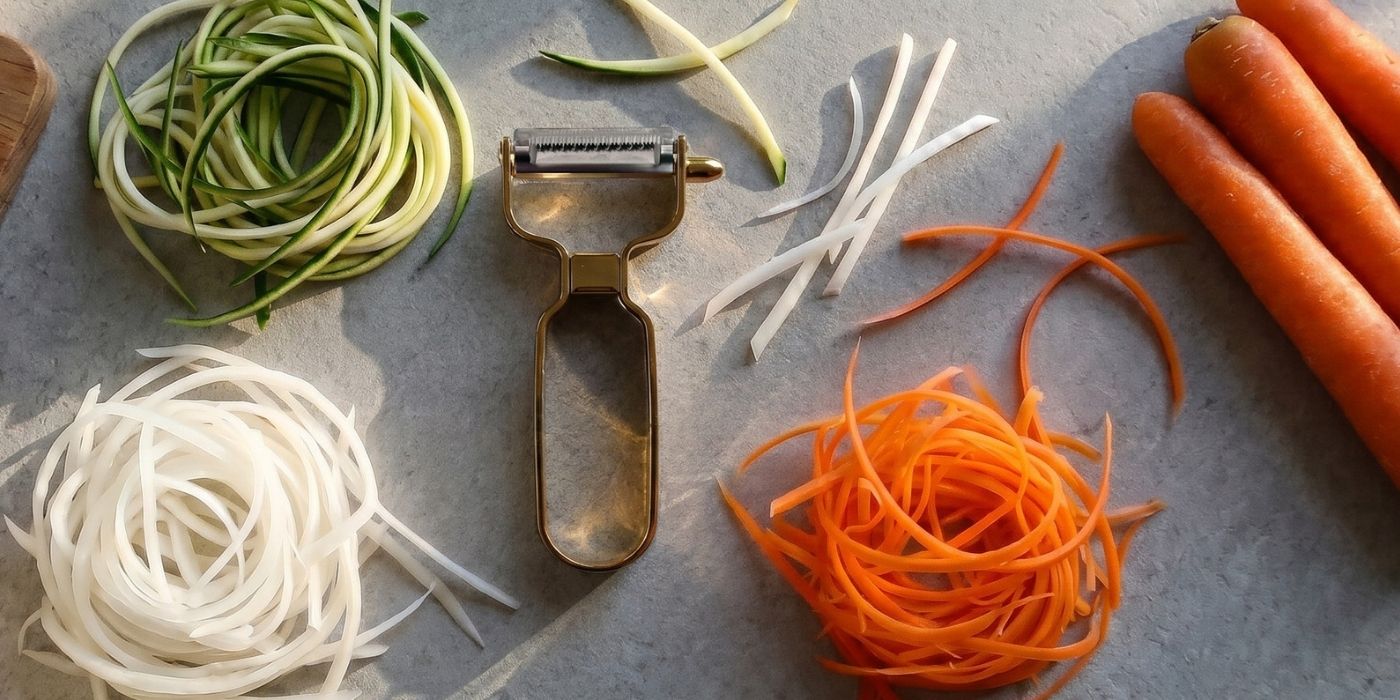 A gold stainless steel julienne peeler resting among colourful nests of finely shredded vegetables, showcasing its ability to create thin, uniform strips for salads and garnishes.