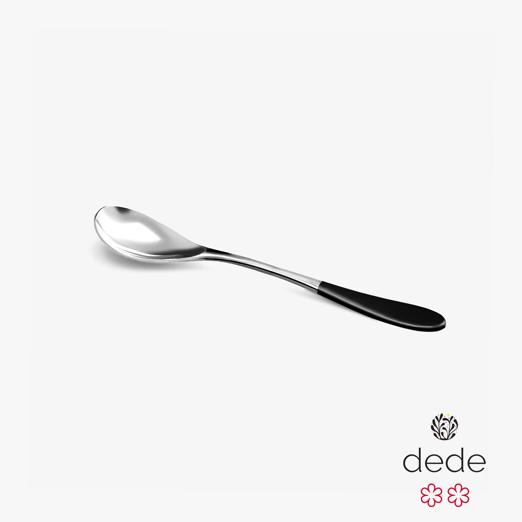 A stainless steel small rocher spoon with a gloss black top handle against a white background.