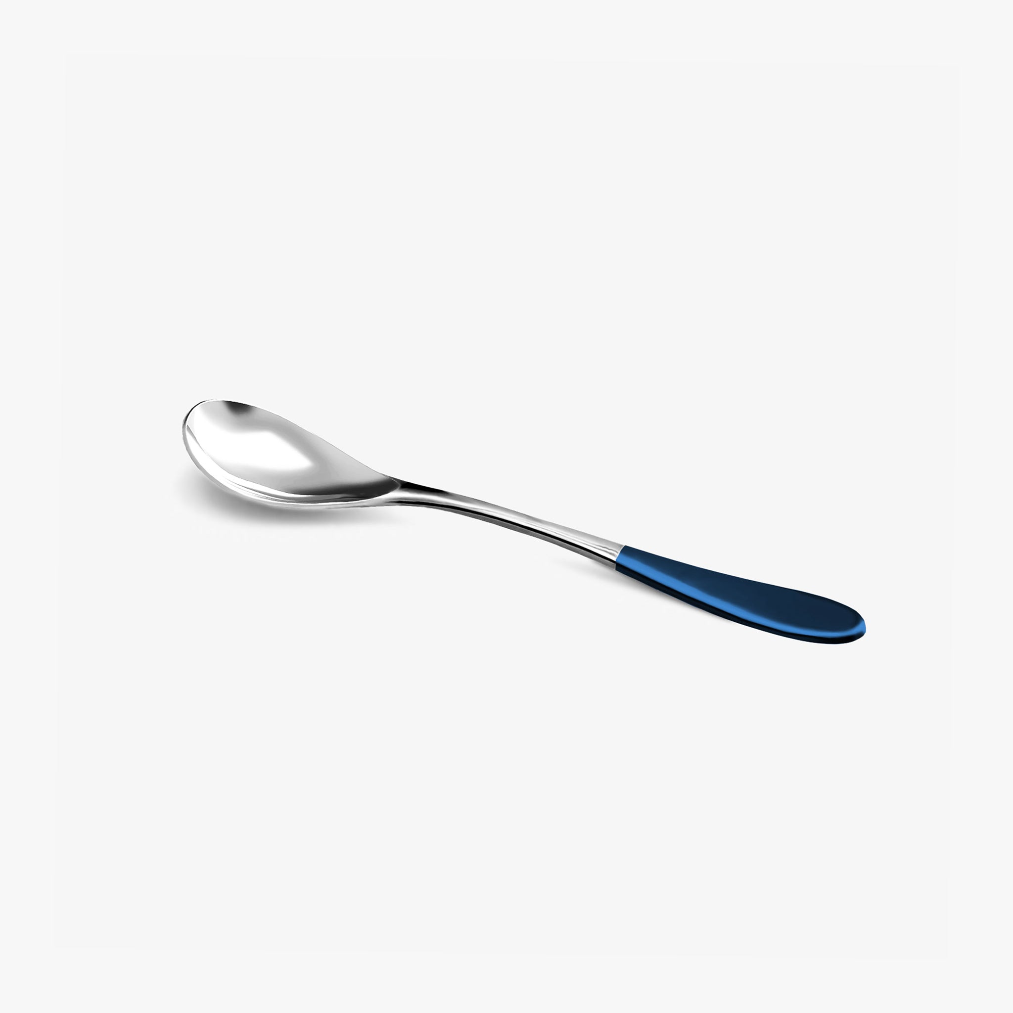 A stainless steel small rocher spoon with a blue top handle against a white background.