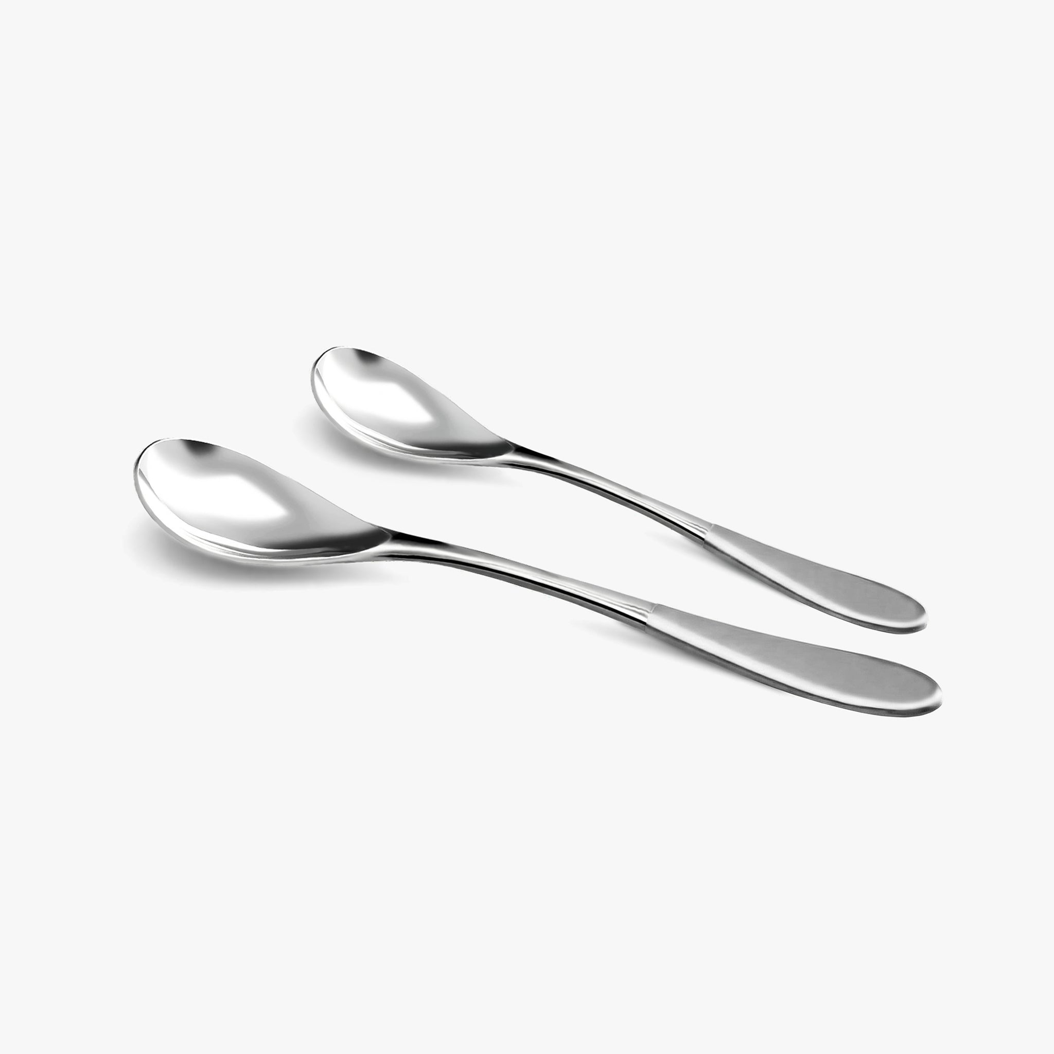 A medium and a small stainless steel rocher spoon, each featuring a chrome top handle, set against a clean white background.