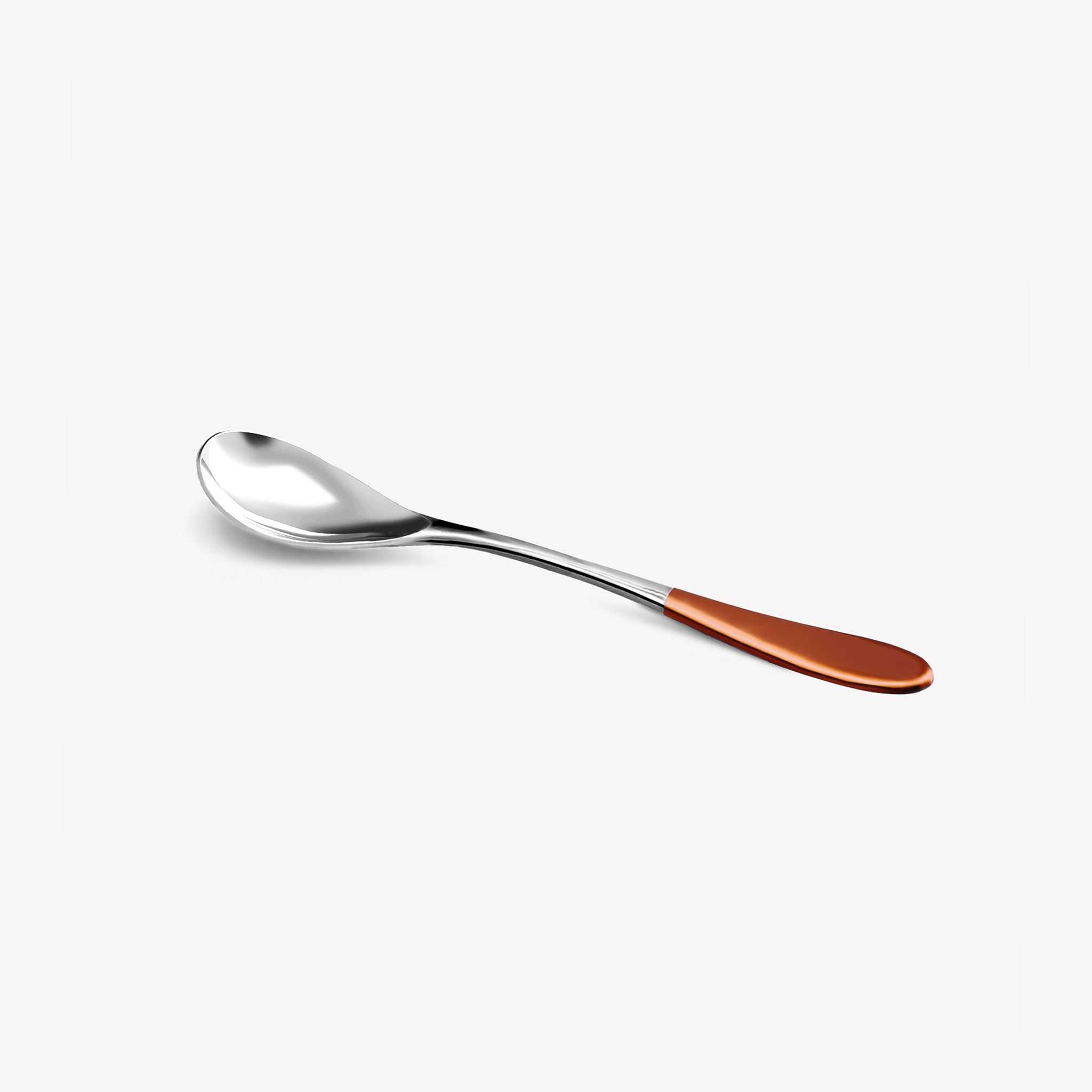 A stainless steel small rocher spoon with a copper top handle against a white background.