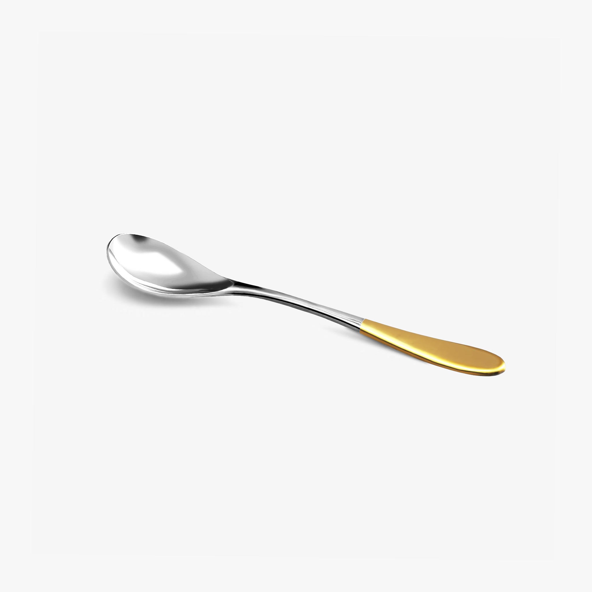 A stainless steel small rocher spoon with a gold top handle against a white background.