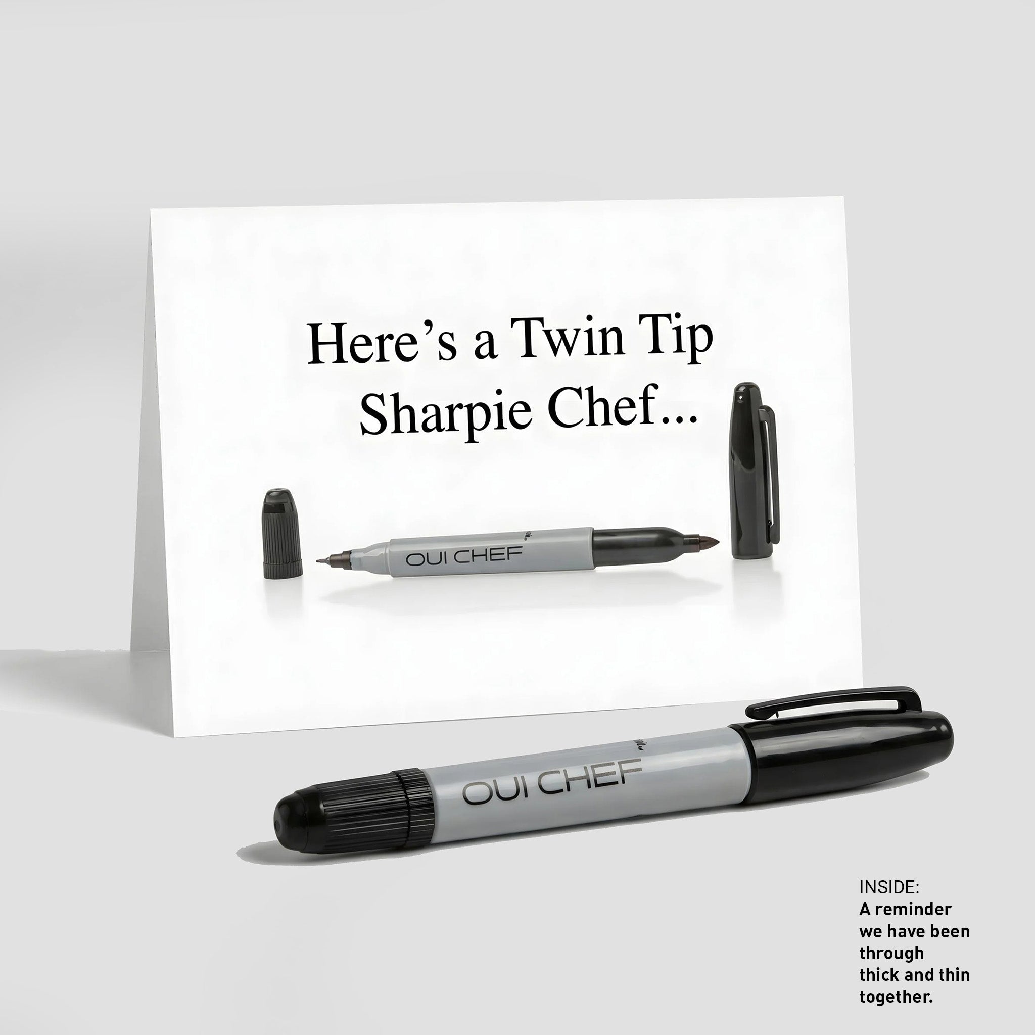 Oui Chef "Thick and Thin" Greeting card standing against a white background with a sharpie placed beside it.