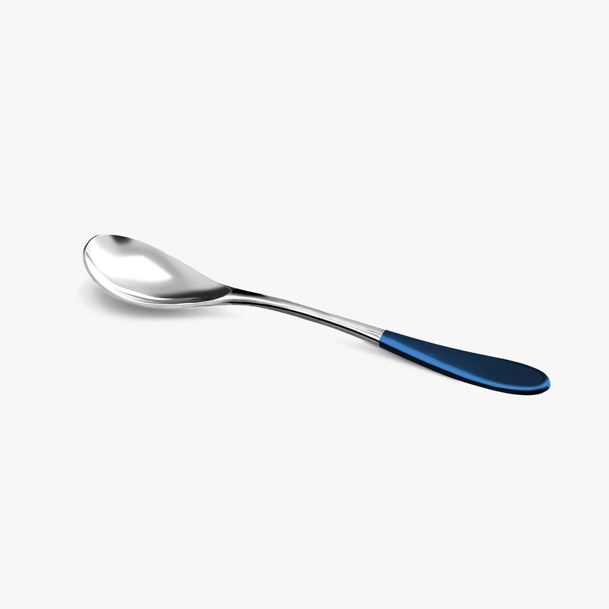A stainless steel Rocksteady rocher spoon with a blue top handle against a white background.