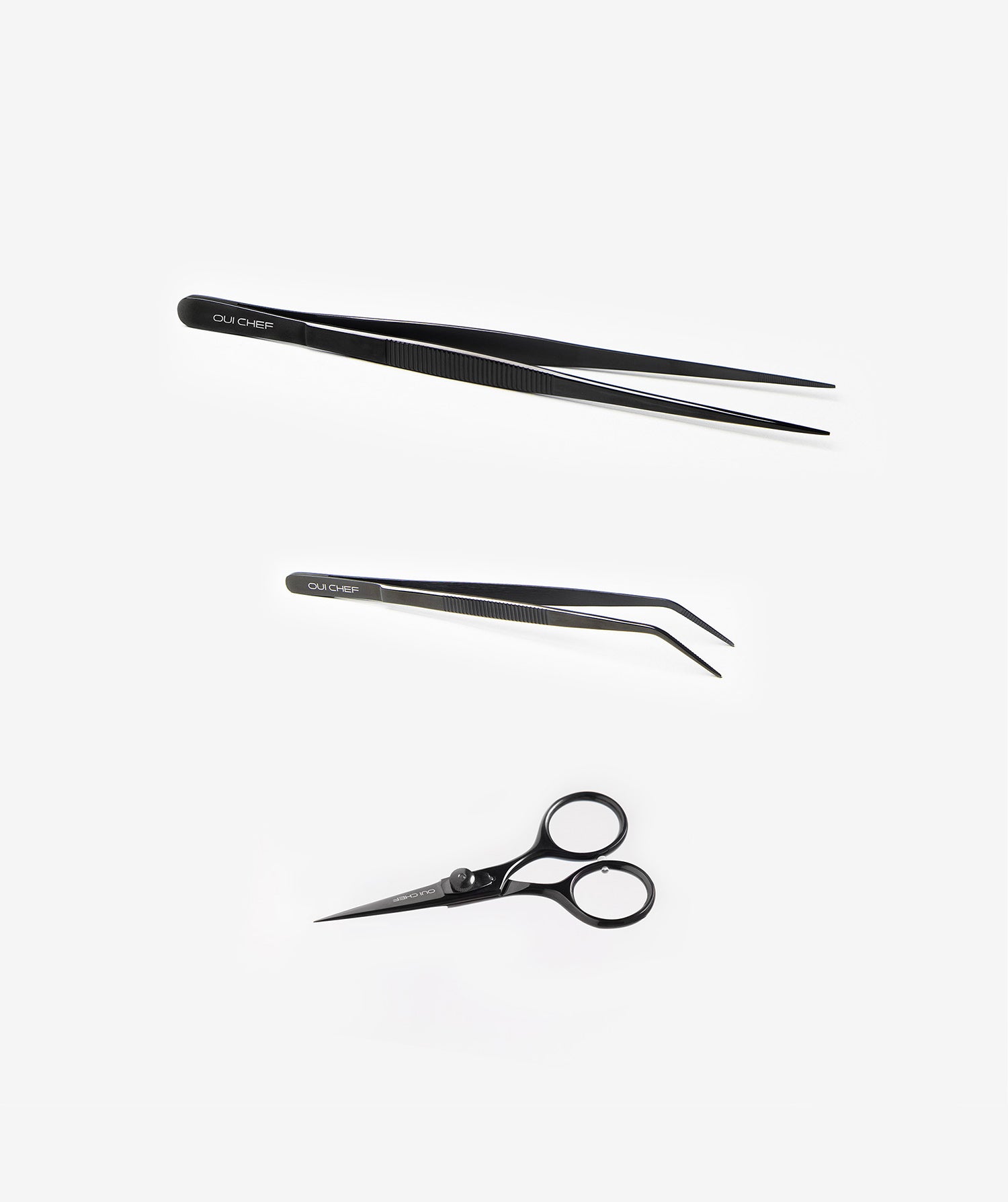 Large straight black tweezers and medium angled tip black tweezers with SuperSharp black scissors