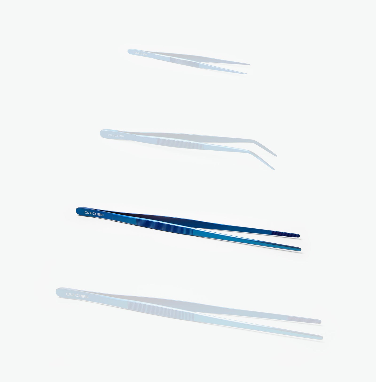 Size guide image showing different Oui Chef tweezers in blue metallic