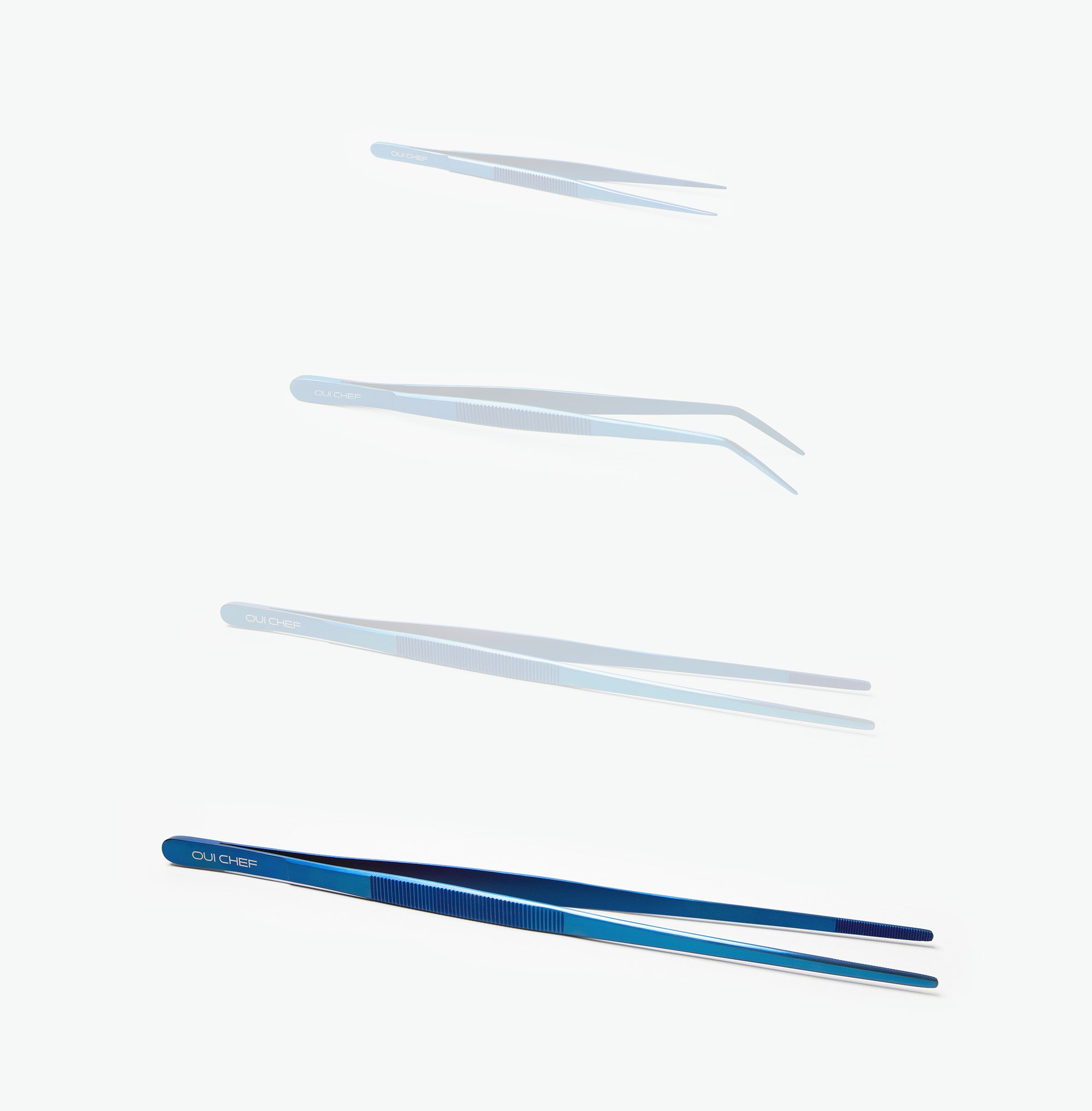 Size guide image showing different Oui Chef tweezers in blue metallic